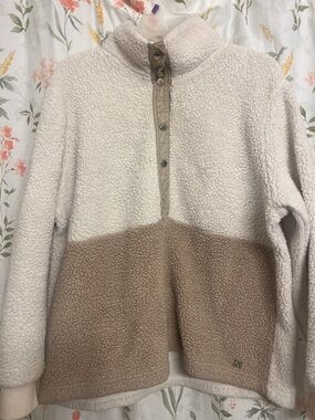 Calvin Klein Two-Tone Sherpa Snap Pullover in Cream & Tan